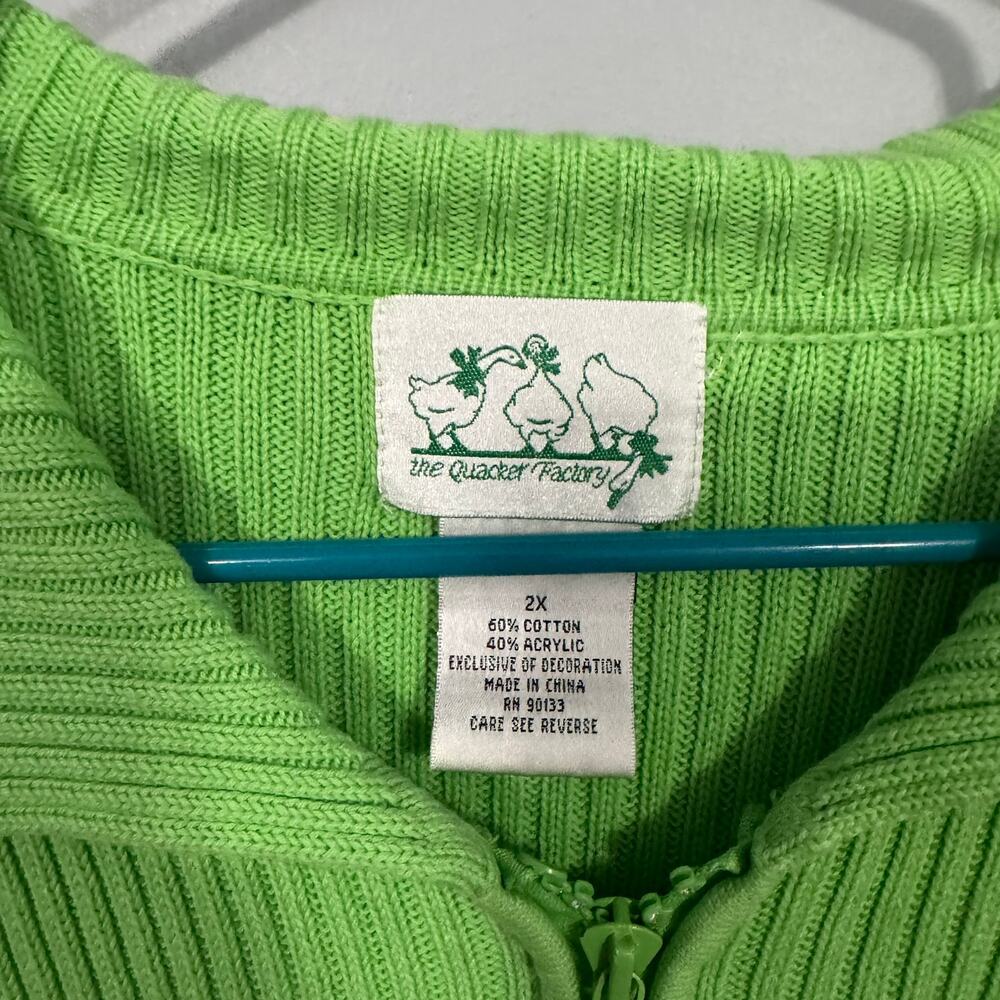 Vintage The Quacker Factory Bright Green Ribbed Full Zip Sweater Plus Size 2X - Picture 7 of 9